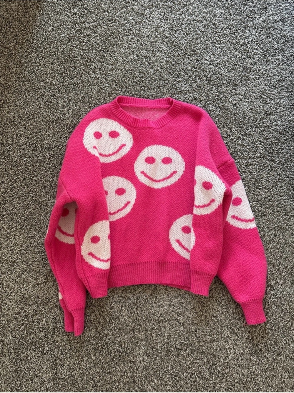 Hot Pink Smiley Face Crewneck Sweater - Women's Playful Knit Pullover